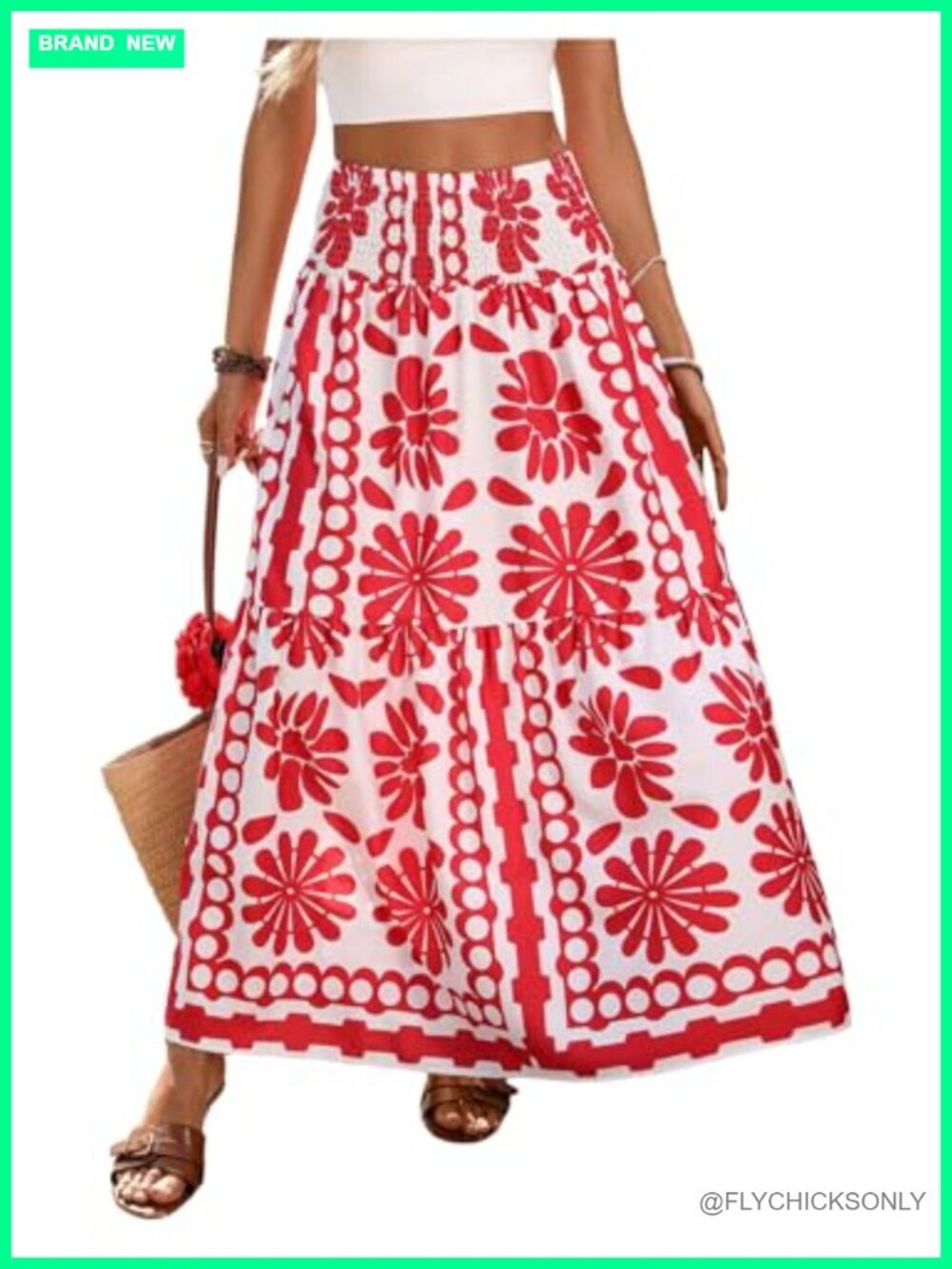 Boho Floral Print Maxi Skirt Smocked High Waisted Ruffle A Line
